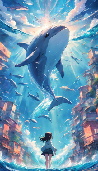Painting of a dolphin swimming in colorful ocean, Look up at the composition?sky whales, Inspired by Cyril Rolando, dreamy psychedelic anime, colorful anime movie background, A beautiful artwork illustration, author?Shitao, colorful concept art, Makoto Shinkai Cyril Rolando, In the style of Cyril Rolando, flying whale, Highly detailed watercolor 8K, highly detailed water colour 8 k?octane?Fine?Realistic?8K?Estilo de Makoto Shinkai( reasonable design, Clear lines, High sharpness,Best quality, Very detailed, Masterpiece, movie light effect, 4K )