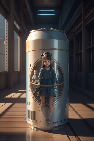 A huge empty can, a girl inside, a girl and an empty can, a girl like an empty can, an empty can like a girl going up and down in a row, blender, illustration, anime style, octane render, trending on artstation, highly detailed