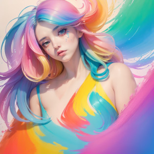?Pink Fashion T-shirt?1.9??(Colorful hair: 1.8), (all the colours of the rainbow: 1.8),(((((vertical painting?1.6))), ?painting?1.6??front, comics, illustrations, paintings, large eyes, crystal clear eyes,? rainbow color gradient high ponytail?1.7?, exquisite makeup, closed mouth,(Small Fresh: 1.5),(Wipe Chest: 1.6) ?long eyelashes, white off shoulder T-shirt,  White Shoulder Shirt?looking at the audience, large watery eyes, (rainbow colored hair?1.6), color splash, ?solo?1.8?, color splash, color explosion, thick paint style, messy lines, ((shining))?(colorful), (colorful), (colorful), colorful, Thick Paint Style, (Splash) (Color Splash), Vertical Painting, Upper Body, Paint Splash, Acrylic Pigment, Gradient, Paint, Highest Image Quality, Highest Quality, Masterpiece, Solo, Depth of Field, Face Paint,  colorful clothes, (Elegant: 1.2), gorgeous,long hair, wind, (Elegant: 1.3), (Petals: 1.4)?(((masterpiece))),(((best quality))),((ultra-detailed)),(illustration),(dynamic angle),((floating)),(paint),((disheveled hair)),(solo),(1girl) , (((detailed anima face))),((beautiful detailed face)),collar,bare shoulders,white hair, ((colorful hair)),((streaked hair)),beautiful detailed eyes,(Gradient color eyes),(((colorful eyes))),(((colorful background))),(((high saturation))),(((surrounded by colorful splashes))),