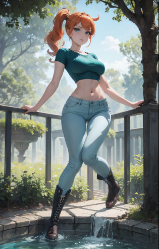 masterpiece, extremery magnificent view, perspective, extremery best quality, extremery detailed CG, 8k wallpaper, high resolution, highly detailed face, highly detailed eyes, perfect anatomy, super detailed skin,
(dynamic angle, dynamic pose:1.2), outdoors, park, tree and pond, (portrait, legs focus, full body), (beautiful face, beautiful eyes, beautiful legs:1.3), 
1 girl, solo, sonia, (aqua shirt, ribbed shirt), (pants), large breasts, orange hair, side ponytail, heart hair ornament, (boots,), aqua eyes, skinny, slender, wide hips, thin waist