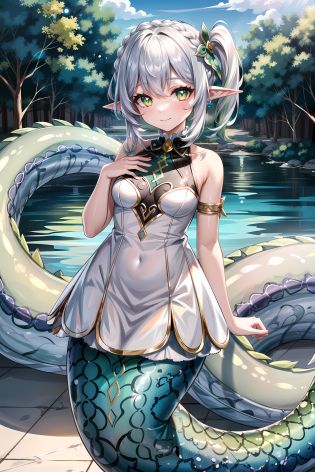 ((({extremely detailed CG))), ((8k_wallpaper)), masterpiece,best quality, high resolution illustration, hyper detailed, highres, (contrapposto), absurdres, Intricate and refined delicate details,
1girl, solo, (lamia:1.7), ((green scales)), monster girl, green snake tail,highres,hand on own chest,looking at viewer, masterpiece,best quality, extremely detailed, perfect lighting, sunny, light tracing, long hair, detailed beautiful face, looking at viewer, white dress, see-through, streaked hair, crown braid, pointy ears, side ponytail, thigh strap, multicolored hair, green hair, white hair, green eyes, symbol-shaped pupils, bare shoulders, lying:1.6, smile, grass, sunny, bloomers, soft shadow, no headwear,
aged down, full body, wide shot:1.4, child, outdoors, 
 <lora:lamiaConcept_10:1:1,0,0,0,1,1,1,1,0.2,0.3,0.4,0.8,0,0,0,0,0>,  <lora:Nahida:1:1,0,0,0,0,0,0,0,0.8,0.7,0.6,0.2,0,0,0,0,0>, nahida \(genshin impact\), 
 <lora:more_details:0.6:OUTS:1,0,0,0,0,0,0,0,0,0,0,0,0.4,0.5,0.6,0.7,1>