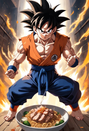 Dragon Ball Goku?Great ape, full body portrait?of a real?Facial features are carefully depicted?Realistic skin texture?Dark style?depth of fields?high light?Real light?Ray traching?oc rendered?Hyper-realistic?best qualtiy?8K?Works of masters?super-fine?Detailed pubic hair?Correct anatomy?sharp focus on eyes?facial features are carefully depicted. Goku Disfrutando de Fideos Chinos en un Restaurante