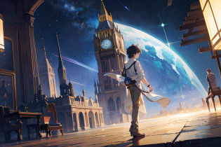 Create exquisite illustrations reminiscent of Makoto Shinkai's style, It has ultra-fine details and top-notch quality. Create illustrations of huge fantastic spaces, Captivating watches. The clock and the space around it resemble a starry sky, Fill the atmosphere with a magical aura. In this ethereal setting, Awe-inspiring boy, Staring at a giant clock as if you were witnessing the secrets of the universe unfolding before your eyes. The twinkling stars in the clock mechanism are?Enhances the appeal of the scene, Capture the essence of surprise and imagination.