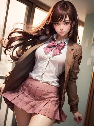 ((masutepiece, Best Quality, hight resolution, nffsw, Perfect Pixel, depth of fields, 4K, nffsw, nffsw))), 1girl in, Single, Solo, Beautiful anime girl, Beautiful Art Style, Anime Character, ((Long hair, Bangs, Brown hair, Simple hairpin)), ((Green eyes:1.4, rounded eyes, Beautiful eyelashes, Realistic eyes)), ((Detailed face, Blushing:1.2)), ((Smooth texture:0.75, Realistic texture:0.65, Photorealistic:1.1, Anime CG style)), large full breasts, Dynamic Angle, Perfect body, ((Portrait, POV)), ((red bowtie, School uniform, Black jacket, Open jacket, Brown cardigan, White shirt, Black skirt, plaid skirts)), Smile, Open mouth, Shrimp warping jump, Skirt flipping in the wind, Pink sheer bra, Pink Panties, Panchira, Low angle shooting