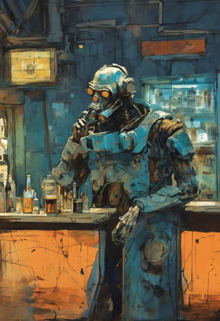 Ashley Wood?Ashley Wood?Realistic paintings created in Van Gogh's unique style?Depicted ((Blue rusty cyborg drinking whiskey in a post-apocalyptic bar)),