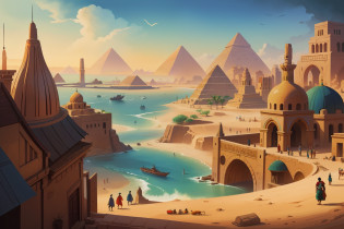 a painting, Written in gouache, style of, Looks like a vector image, which depicts a large trading city in oriental and Egyptian style and African flavor,  Active trading and exchange