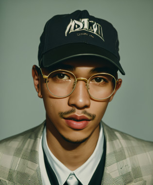 there is a man wearing a hat and glasses and a tie, bad bunny, gregg araki, shigeto koyama, photo in style of tyler mitchell, inspired by Zhu Da, araki, andrew thomas huang, mid shot portrait, reuben wu, steven jung, high quality portrait, anton, asian man, asian male, taejune kim