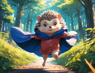 (Hedgehog in cloak flying around the park)?ultimate quallity?ultra-detailliert?Exciting and cool?Superhero cartoon style