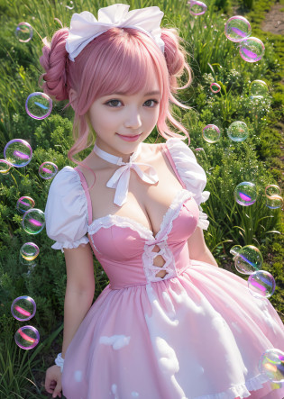 Pink hair?A smile?Pink costume?hugetits?hugetits?Delusional milk?Transverse breasts?Lower breast?Hami milk?(((Covered in soap bubbles)))?Beautiful cute flowers?Gentle light is shining?length hair?Twin-tailed?Bun head?(((Pink French Maid)))?kawaii faces?uniformss?In the flower garden?grass field?