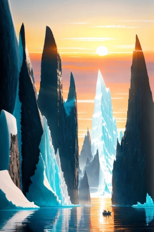 (extremely detailed CG unity 8k wallpaper), A powerful and dramatic scene set at sunset, capturing the stark contrast between a (collapsing iceberg:1. 2) and a thriving, (lush forest:1. 2); the painting conveys a message of transformation and rebirth in the face of climate change, as the Arctic ice melts, and the glowing warmth of the setting sun bathes the landscape in a golden light; focusing on the interplay between warm oranges and reds of the sunset against the cool blues and icy whites of the melting glacier, and the vibrant greens of the flourishing forest, depicted in a high-definition, professional majestic oil painting by Ed Blinkey, Atey Ghailan, Studio Ghibli, by Jeremy Mann, Greg Manchess, Antonio Moro, trending on ArtStation, trending on CGSociety, Intricate, High Detail, Sharp focus, dramatic, photorealistic painting art by midjourney and greg rutkowski