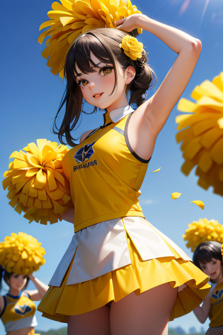 Young ladies in cheerleading uniforms waving yellow flower balls in the air?Yellowish?Still life with detailed realism?Meticulous?Dynamic outdoor shooting?Yellow and black cheerleading costumes?