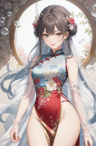Highest quality, masterpiece, (masterpiece), extreme detail, (delicate facial features), (delicate hair depiction), (delicate eye depiction), delicate hand depiction, 4k painting quality, gorgeous light and shadow, bubble drops, broken feeling, delicate hairstyle, soft messy hair, delicate braided bun, delicate pearl shell hair ornament, red lips, divinity, immortality, water mist, super detail, delicate cheongsam, delicate tulle, bust, vertical painting, flowers, black silk