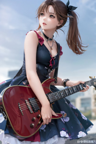 Holding a guitar?arafed woman in a dress posing for a picture, guitarrist, dreamy rock girl, holding electric guitar, Woman Playing Guitar, the girl plays the guitar, guitar solo, Red sunglasses and guitar, Playing guitar, rocking out, holding electric guitar, deayami kojima, electric guitar, Playing electric guitar, holding guitars, plays the guitar