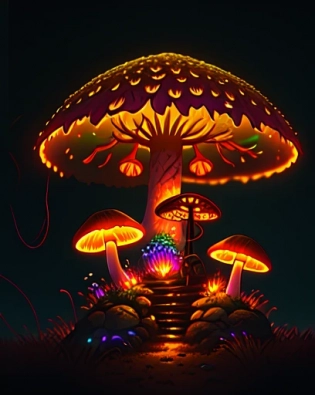 (dark shot:1. 1), luminous backlit glowing forest mushroom, drops, neon lights around the mushroom, faded, hyper-detailed