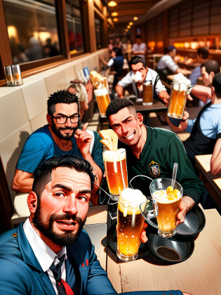 several men sitting at a table with beer and beer glasses, in sao paulo, wining, by N�ndor Katona, cheers, people drinking beer, not blurry, drink, nigth, s�o paulo, ronaldo luis nazario da lima, profile picture, drunk, not cropped, by Luis Miranda, holding a beer!!, 3 heads, at instagram