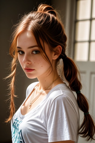 portrait of beautiful girl, caucasian, auburn hair, freckles, tshirt, necklace, professional lighting, indoor, artistic photography