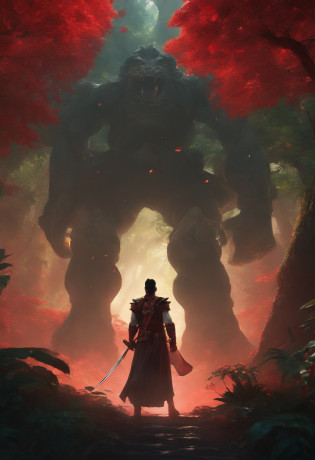 Stylish Japanese anime digital illustration, Ise was successful?Japanese Isekai Tensei animation?Guan Yu lands in the jungle of another world?Otherworldly jungle?Reminiscent of the jungles of Vietnam?Feminine Guan Yu?nioh standing?Red glowing background, Standing on the ground?boast?The ground is covered with mucus?A large group of mushrooms sparkles around the tree?Intimidate a bunch of monsters with his proud hegemony?Hyper Sharp Image, Hyper Sharp Image, Shinkai sincerely, Toriyama Akria, Gibri, Zelda,