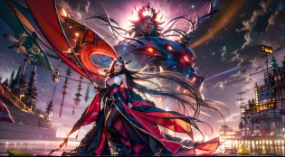 In this super grand scene?The wide-angle lens captures a striking picture?Heaven and earth collapsed?The corpse mountains of the Heavenly Immortal Buddha spread out in a sea of blood?The Avenue of the Three Realms was broken?And in the boundless chaotic darkness?Two figures stand in it?Above all?The figure of the weaver girl is graceful?While standing in this darkness?Like a blazing flame in the night?Like the goddess of darkness in a fairyland?Her presence exudes a majestic and majestic evil aura?She holds the Pauline lamp in her left hand?A gentle light illuminates the cowherd?The right hand holds the heaven-opening axe?The lines on the blade of the axe reveal ancient authority?There was fanaticism and determination in her eyes?As if a warrior in the dark?Do whatever it takes for some kind of goal?Her gaze reveals firmness and depth?As if it were an existence with endless wisdom?And beside her?Niu Lang is dressed in a black robe?Mounted on a scalper reincarnated by the Bull Demon King?This scalper is huge?Carrying heavy history and strength?Its horns shone with a grim glow?It symbolizes an unshakable and firm will?The cowherd sits on the back of the scalper?His gaze is deep and powerful?As if it can penetrate the darkness?Find the light of hope?His battle robe fluttered in the wind?Reveals his bravery and determination?In front of it all?A thousand-square-foot high Magpie Bridge spans the void?Connecting darkness and light?The Magpie Bridge emits a starry river?Like the last light between heaven and earth?A glimmer of hope for a world shrouded in destruction and darkness?The cowherd and the blackened seven fairies looked at each other and laughed?The eyes are full of tacit understanding and emotion?They seem destined to face this crisis together?The composition of the whole picture cleverly shows that the Magpie Bridge is erected above the corpse mountain and the sea of blood?With fairy corpses?The sea of golden blood is intertwined?The result is a grand visual ef