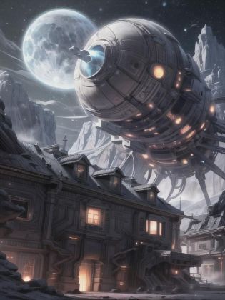 <lora:LunarPunkAI:1> LunarPunkAI, massive, glossy, reflective, (house:1.6), falling rocks, open crater, monolith, night, stars in the background, detailed, intricate <lora:more_details:0.6>