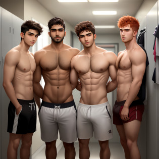 A 16-year-old sexy teenage Indian man, together with another red-haired man, his young physical education teacher, the teacher has a small beard, only the teacher has chest hair, the teacher is 22 years old, hyperrealism, real person, realistic, ultra high definition, high resolution, both without clothes, both with firm and sexy pecs, with a square face, short wavy hair, brown eyes, very brown and hairy skin, confident and mischievous, no backlight, sexy smile, in the men's locker room at school, teacher taller than teenager, striking rude pose, frontal, full body shot, male figure