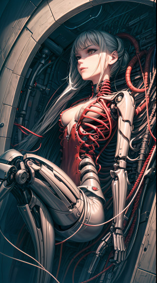 (((??))), ((Best qualities)), (super detail-oriented), (CG illustration), (Very evil and beautiful)), cinematiclight, ((1 Mechanical Girl)), Single, (Mechanical art: 1.4), ((Mechanical limb)), (Blood vessel, attached to the tube), ((Mechanical spine, attached to the back)), ((Mechanical ribs)),expressionless, ( Wires and cables, attached to the head and body: 1.5),  Sci-fi, apocalypse, Ruins, (Lower body, Integrated with mechanical devices), (blood: 1.5), Cruelty, absurdres, erotica, Merging with machines, Doomsday Time, A super future, Inorganic, laboratory, Restraint, (Beautiful indulgence: 1.2), (1 girl: 1.3), body, wrapped around mechanical tentacles