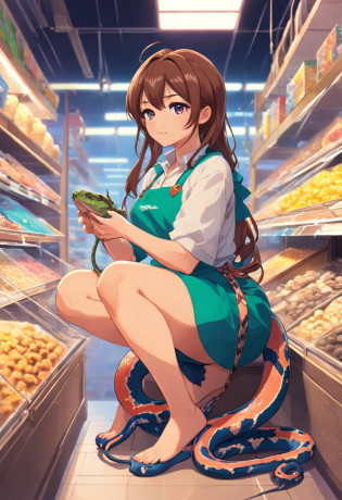 (Dark feeling)?((The upper part of the body))?A big woman?(Neat bangs?Long neat hair)?Aprons and shirts?((((Inside the pet store?Big python?serpent?lizard?Spider pets))))