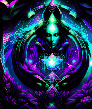 Develop an image with sacred geometry that presents a super resolution in black, green and purple colors. The image should have futuristic details and evoke the rebirth of a soul. Explore harmonic geometric shapes, such as circles, triangles, and spirals, to create a balanced and aesthetically pleasing composition. Be sure to incorporate the shades of black, green, and purple in a vibrant and expressive way. The image should convey a sense of transformation and renewal, with elements that represent transcendence and spiritual evolution. Draw inspiration from the symbolism of sacred geometry and futuristic aesthetics to create a unique and impactful visual representation