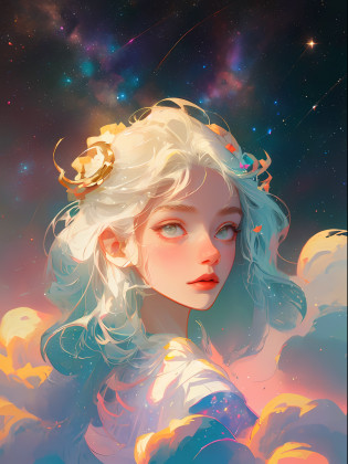 Goddess of goddesses? afloat? White clouds?Warm pale yellow? galaxias? nebulas?Integrate with the cloud?Warm white?Side portrait photo?Pastel background?