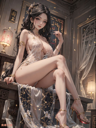 A sexy and seductive Chinese woman?30 years old?large heavy breasts, Peach blossom eyes?Smoky makeup?Dark eyeshadow?Heavy makeup?white hair?Qi bangs long hair?(detailed face), jewelry?Bracelet?choker necklace?gyuru?Luxurious gold-toned lace-trimmed high-forked sheer see-through han dress?Stiletto pointed toe heels,?Bare legs??Sexual temptation?Teasing expressions?Lift skirt?sitting on a (royal throne)?sexual teasing?Sexual suggestiveness?Spreading her legs?A seductive (smile),  luxury?Chinese court?Chinese style?Oriental flair?lamp lights?hyper HD?masterpiece?8K?best quality?accurate?anatomically correct?highly detailed character?Stiletto heels?Bare legs, round and smooth bare legs??8K?RAW photogr?best quality?masterpiece:1.2),?role?concept-art??full body concept?fine detail?center of screen,  hair ornament, (((See-through dress))), trinkets, NSFW.