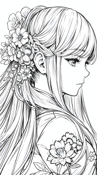 masterpiece, acura, doll, solo, hanfu, long hair, profile close-up, flower line drawing background, white background, monochrome, line drawing, ((sketch))