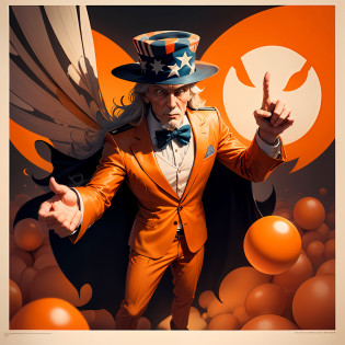 uncle Sam propaganda, Uncle sam convocation poster, uncle sam dressed in orange suit, orange balls fly around, orange balls in the air, orange balls around Uncle sam, poster art style. Very poster, thirds rule, pointing the finger, experiented, convicted, long goate --auto