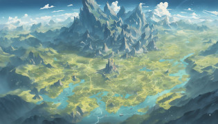 The continent has fish-like shape is divided into five?halo, game map, Hyrule, Ancient Fantasy Regional Map, Highly detailed map,Detailed Map, Height Map?world map?Isekai Map?Map of the Kingdom?Otherworldly Adventure?mountains and rivers?K HD?meticulous?Ground View?Spread up?pixel art