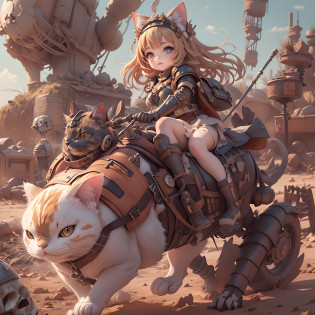 ((Girl riding a cat))?((The action of walking in a desert wasteland))?((Wasteland))?((Rabbit-eared girl))?((Girl 1 And Fat Cat 1))?((Riding a fat cat))?Fat cat in heavy armor?((maru?Fat cat))?Girl with a magic wand?magical little girl? Wearing armor and shield? Full body ?Highly detailed, High budget, Highly detailed, ,((the wasteland))?((Countless skeletons behind))?8K? ?????????Rabbit in a bag