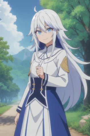 <lora:CainAUV1:.5>, cain, 1girl, white hair, long hair, dress, blue eyes, outdoors, scenic, smile,