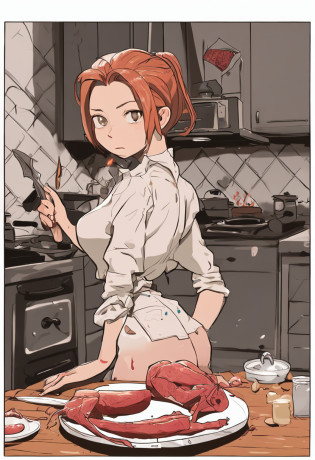 Very beautiful nude girls, extremely beautiful faces, 18 years, light blonde, red-haired, brown-haired, very scared, sad, frightened, extremely shocked, in a large kitchen. One girl, bending over the table, seen from behind. 3 Girls seen from the front, big nice breasts. On the kitchen tables blood, bloody knifes. In the background are pans, barbecue skewers, kebab skewers, frying steaks, boiling vegetables, knives, cold cuts, large legs of ham, very large pieces of meat everywhere, a suckling pig, a cook, butcher, cook. Fantasy setting, very detailed, quaint, smoky, torchlight, old brick walls, hams hanging from the ceiling. A girl is bent over a table, shown from behind, round, nice butt, wide hips. There is a window. Girls are sweating, have wet skin. A girl has a welts on the buttocks. Girl's butt in an oven. Steam. Torches. Girlbutts.