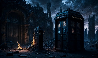 Tardis sitting in an abandoned ruined modern city, door open, dark flames from inside the Tardis