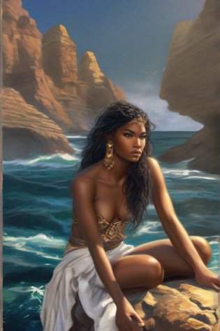 Zendaya is a majestic Aphrodite, her ebony skin and dark black hair shimmering in the sunlight, seated atop a majestic rock emerging from the ocean's depths. Dressed in a Loincloth.