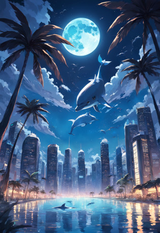 A flock of dolphins?A flock of flying dolphins?Night view of the city with palm trees and full moon, night cityscape, night - time city background, background artwork, fantasy cityscape,distant cityscape, fantasy city background, urban backdrop, distant city, shiny city in the distance, Twilight City in the background, Night city in the background, anime style cityscape