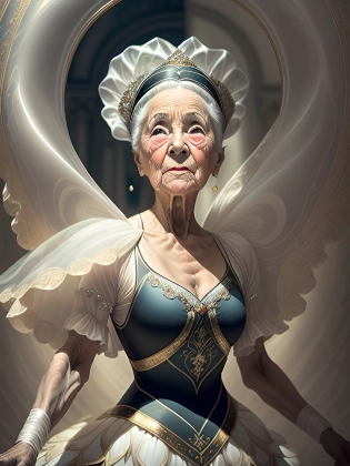 old ballerina performs a pli�::15 using a wide-angle lens, capture the moment when a grandmother in her leotard performs a pli�::3 the grandmother's expression is comical::sharp-focus on grandmother's face, facial-symmetry