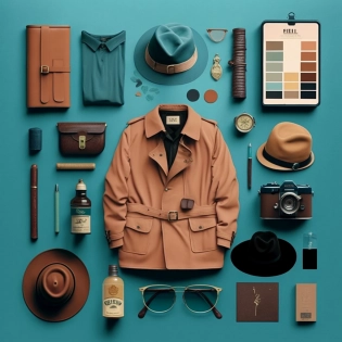 perfect vintage detective clothes knolling :: Wes Anderson color palette, studio lighting, low contrast, 8k --q 2