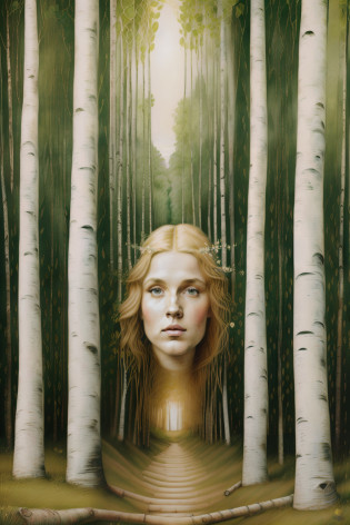 (((Pre-Raphaelite painting of the face of a blonde Celtic woman emerging from birch trunk, sobrancelha, eye mark on birch trunk, floresta encantada celta, outono)))
