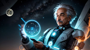 In the futuristic image of Albert Einstein robotic, We witness an innovative and technologically advanced interpretation of the legendary scientist. His face is meticulously carved out of shiny metal, maintaining its distinctive characteristics, like his piercing eyes and his classic misaligned hair. His expression is serene, mas carrega um toque de sabedoria e curiosidade intelectual.

Einstein's body is composed of elegant lines of chrome metal, exhibiting a harmonious fusion of art and technology. Your joints are agile and fluid, allowing it to move with grace and efficiency. In your robotic hands, segura uma esfera luminosa de luz, representing his constant search for knowledge and enlightenment.

Em sua testa, A small holographic viewfinder projects mathematical formulas and complex equations that are constantly evolving, symbolizing the continuation of his legacy and his eternal dedication to science and research.

Einstein's robotic chest is adorned with gears and symbols from quantum physics, recalling his revolutionary contributions to the understanding of the universe. Symbols of stars and galaxies adorn his shoulders, representing its connection to the cosmos and the immensity of as yet unexplored knowledge.

As a futuristic robot, Albert Einstein possesses an aura of mystery and fascination, Representing the fusion between human and advanced artificial intelligence. Their presence is a vivid reminder that science and technology are intrinsically linked, and that the exploration of the unknown is always beyond the horizon.

This visionary image of Albert Einstein robotic and futuristic is a tribute to his timeless impact on science and the limitless potential of technological innovation that continues to shape the world.