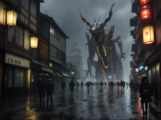 Photorealista, hightquality, ?masterpiece, Film composition, (City and insect monsters),The devastation of the city with many lights in the buildings?Nice view, (Grotesque insect monster,There are many insect monsters in the city,Monsters are hiding),A dreamy Japan town?A lot of insects?Street?City of Japan?amazing wallpapers?Japan?Ultra-realistic town photos?The city of the near future?japanese city?rainy evening?Futuristic futuristic city?beautifully lit buildings?Evening in the rain?Beautifully Aesthetic?a picture?film like?8K?high detal ((Heavy rain)))