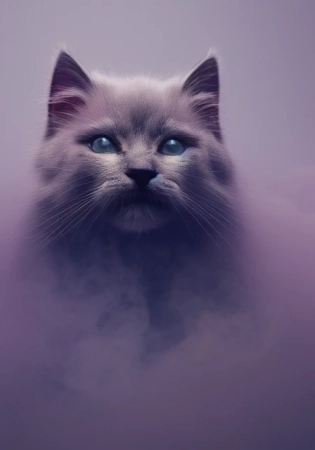 Masterpiece wallpaper of a fluffy grey kitten head in the middle of a heavy smoke cloud, glowing eyes, (heavy grey smoke cloud:1. 4), high detail, photorealistic, shoft light, octane render, 8 k, black background, hyperrealism