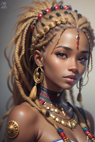 une jeune femme 16 ans, with blonde locks dreadlocks, et un collier oselet sur le cou, Adolescente Himba futuriste, Futuriste Himba Jeune Femme, Belle femme Himba futuriste, very realistic digital art, very realistic digital art, Superbe princesse africaine, Hyper-realistic faces, Beautiful and realistic faces, Hyper realistic digital art, Himba coiffure, Traits du visage africains, Princesse noire africaine, Ultra realistic digital art