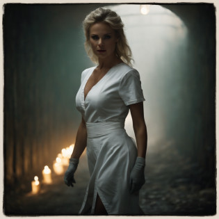 Action shot of sexy nurse chasing viewer with head wrapped in bandage?Dynamic running?In the dilapidated underground tunnels of hell?spine-chilling?white dresses?unnerving?terroral?80mm?Scary lights?Dynamic action colors: dark green tone; atmosphere: Moonlight drenches in shadows, Charming and eerie; Perspective: Lower angle; Emotion: eerie, Fascinating; Resolution: hyper realisitc, high resolution, Cinematic feeling, Detailed.