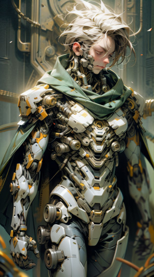 Draw a hero wearing a green and gold costume with futuristic details. The suit should look technological and advanced, with bright lines and cybernetic elements. The hero must wear a white hood that covers his head but leaves his face exposed, and a white cape that extends from his left shoulder to his left ankle, giving him an asymmetrical and dynamic look. The hood and cape should have an elegant and fluid appearance, suggesting movement even when the hero is stationary. Feel free to add any other details or accessories you see fit to enhance the futuristic aspect of the hero. Remember that the main emphasis is on the design of the costume, hood and cape, and your creativity is welcome to make the hero unique and impressive. Dark_Fantasy,Cyberpunk,(chain saw,chain saw man,Red:1.1),1man,Mechanical marvel,Robotic presence,Cybernetic guardian, wearing a worn-out mech suit, intricate, (steel metal [rusty]), elegant, clear focus, shot by greg rutkowski, soft lighting, vibrant colors, masterpiece, ((street)), cowboy shot, dynamic pose,
