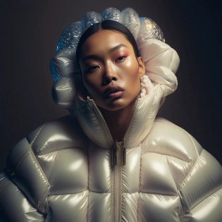 well lit fashion shoot portrait of extremely beautiful female wearing massively over size puffer jacket by craig green, dingyun zhang, yeezy, balenciaga, vetements, sharp focus, clear, detailed, , cinematic, detailed, off white, glamourous, symmetrical, vogue, editorial, fashion, magazine shoot, glossy --q 2