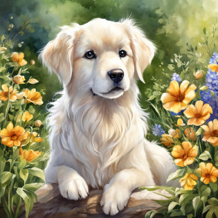 Full body of one adult dog??masterpiece?Outstanding work worthy of award?Outstanding quality?Depiction of a white golden retriever?Attractive big eyes?Round and big eyes?Eyes with outstanding beauty?Realistic drawing of big eyes?Deep, shining eyes?Dog illustration production?Beautiful background?A garden bathed in warm sunlight?Variegated flowers?Coloring of?Depiction of overgrown grasslands?Expressing the appearance of a slight breeze blowing?Adorable smiling dog figure?Graceful poses and harmony of the landscape?Under the bright blue sky?One with nature?Expression full of vitality?Leveraging Photorealistic Touch?Makes you feel a deep bond with your dog?Create a relaxed atmosphere?Fur that can be drawn in detail?Realistic tactile expression?Beautiful expression of harmony of nature?Bring special moments to life?Weaving beautiful natural scenery?Expression of soft light