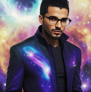 Tem um mulato, cabelo crespo bem definido, wearing glasses and a leather jacket, caio santos, em torno de 1 9 anos, inspired by Ant�nio Parreiras, icaro carvalho, david rios ferreira, Riyahd Cassiem, andres rios, Alejandro, alta qualidade, realista, Fabiano Perez, Mohamed Chahin, um close up com um fundo roxo e azul, portrait of a cosmic entity, strange portrait with galaxy, no plano astral ) ), astral appearance, galactic dmt entity, aura de nebulosa em torno do assunto, aura negra brilhante, cosmic entity, Galactic Entity, galactic deity, cosmic horror entity, quality astral projection rendering, Portrait of a cosmic god, astral ethereal